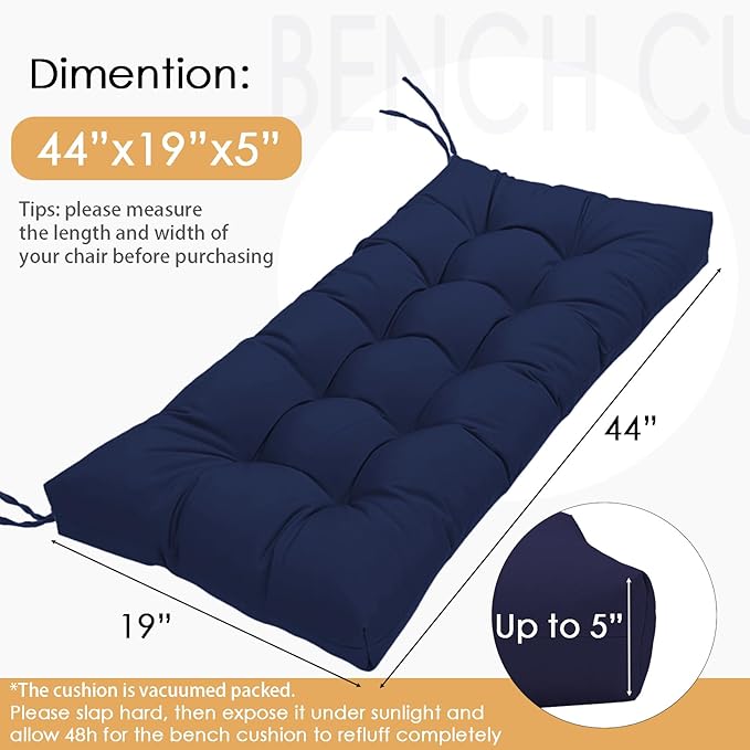 MTMR Water-Repellent Outdoor Bench Cushion-44X19 Inch Tufted Porch Swing Cushions with High Elasticity PP Cotton and Durable Ties, Thick Bench Seat Cushions for Patio Furnitures, Indoor Window Cushion