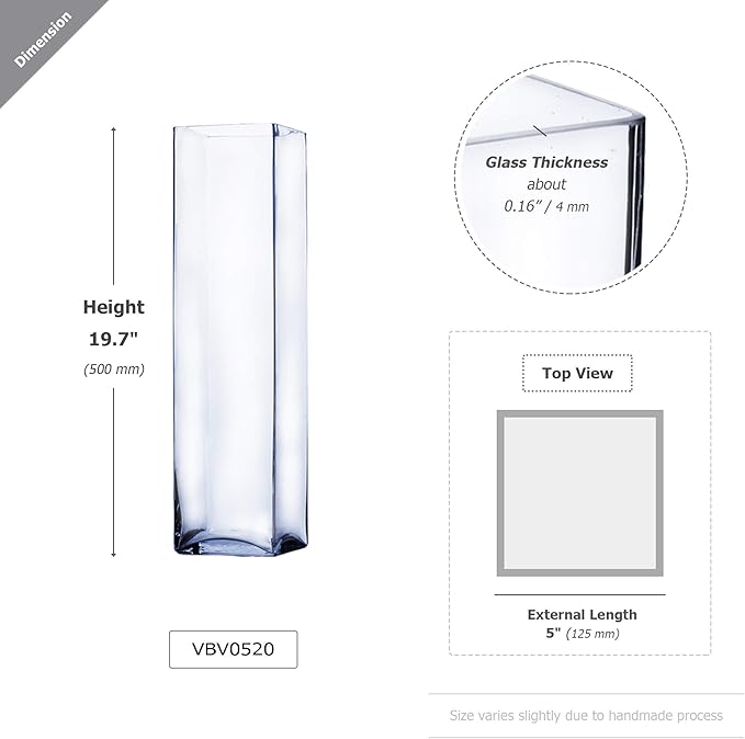 WGV Tall Square Vase Glass Block, Length 5", Height 20", Clear Large Floral Plant Container, Fish Tank, Planter Terrarium for Wedding Party Event, Home Office Decor, 1 Piece
