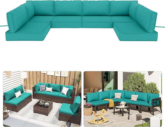 Patio Sectional Cushions, 14-Piece Replacement Cushions for Outdoor Furniture, Water-Resistant Outdoor Sofa Cushion for 6-Seat Rattan Wicker Sectional Conversation Sets (Turquoise)