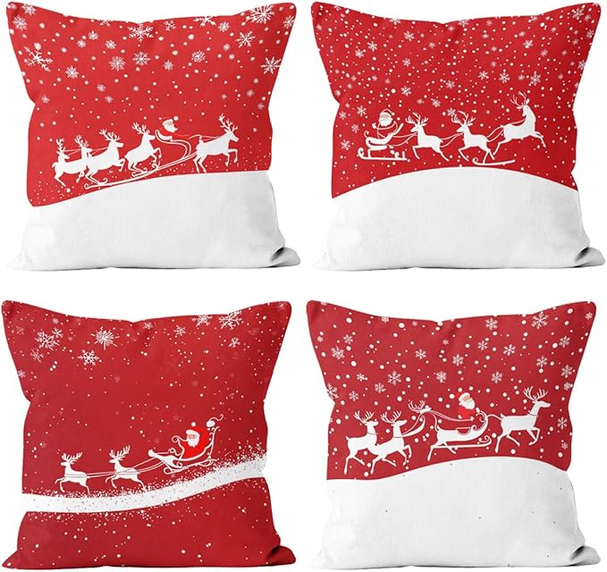 Christmas Red Pillow Covers 18x18 inch Set of 4, Santa Sleigh Reindeer Snowflake Winter Throw Pillows Cover Sofa Couch Pillow Cases for Farmhouse Indoor Home Decor Decorations