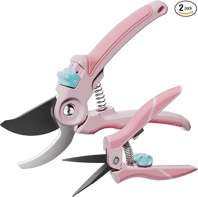 NEXON Garden Pruning Shears 2 Pack, 8" Bypass Hand Pruner & 6.25" Precision Garden Scissors, Professional Garden Clippers for Plants and Flowers Pink
