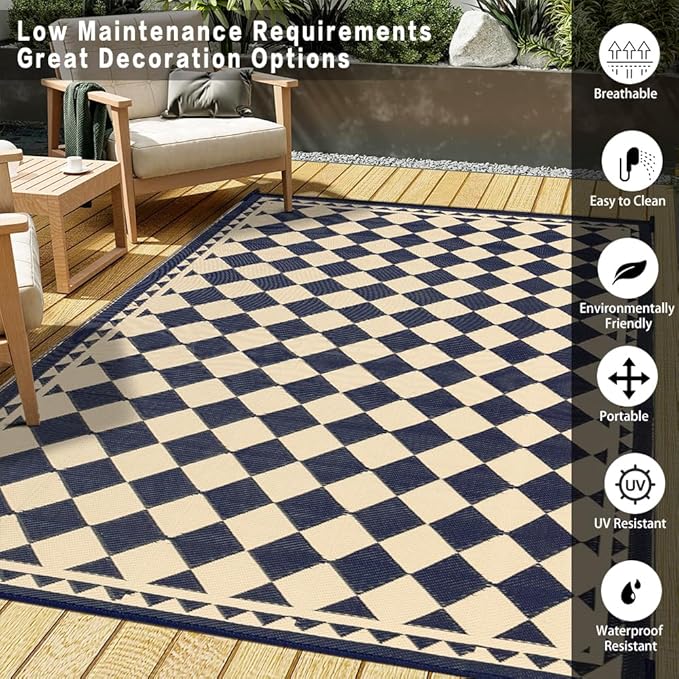 HUGEAR Outdoor Rug for Patios Clearance,Waterproof Mat,Large Outside Carpet,Reversible Plastic Straw Camping Rugs,Rv,Porch,Deck,Camper,Balcony,Backyard (6x9,Checkered/Black&Beige)