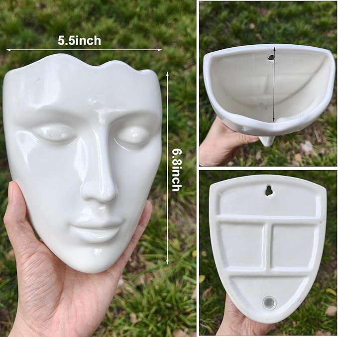 Ceramic Face Wall Planter, White Head Vase with Drainage Hole, Modern Art Indoor Outdoor Wall Mounted Succulent Planter, Elegant Home Garden Decor