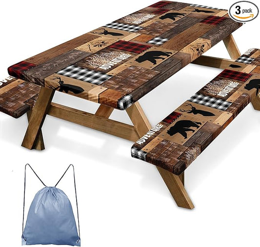 Picnic Table Cover with Bench Covers Elastic Edges, Retro Camper Fitted Table Cover, Outdoor Patio Camping Essentials 72 Inch 3PCS, Waterproof Camping Fitted Tablecloth with Drawstring Bag