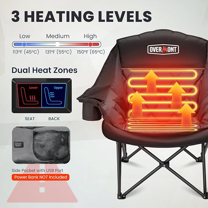 Overmont 2PCS Heated Oversized Camping Chair for Adults - 3 Heat Levels Seat & Back Separately Control - 400lbs Support Heavy Duty Padded Folding Chair Outdoor Garden Portable - Battery NOT Included