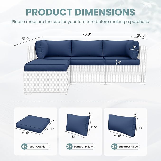 UDPATIO Outdoor Cushions for Patio Furniture with 5 Pillows, Waterproof Patio Furniture Cushions Replacement, 4" Deep Seat Outdoor Sectional Cushion for 4-seat Chair Sofa Couch, Navy