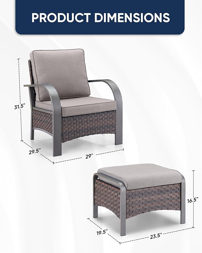 HUMMUH Outdoor Wicker Chairs Set of 2-All Weather Rattan Wicker Patio Chairs with Ottoman Small Outdoor Furniture Set for Deck Porch Garden Poolside Backyard-Brown/Grey