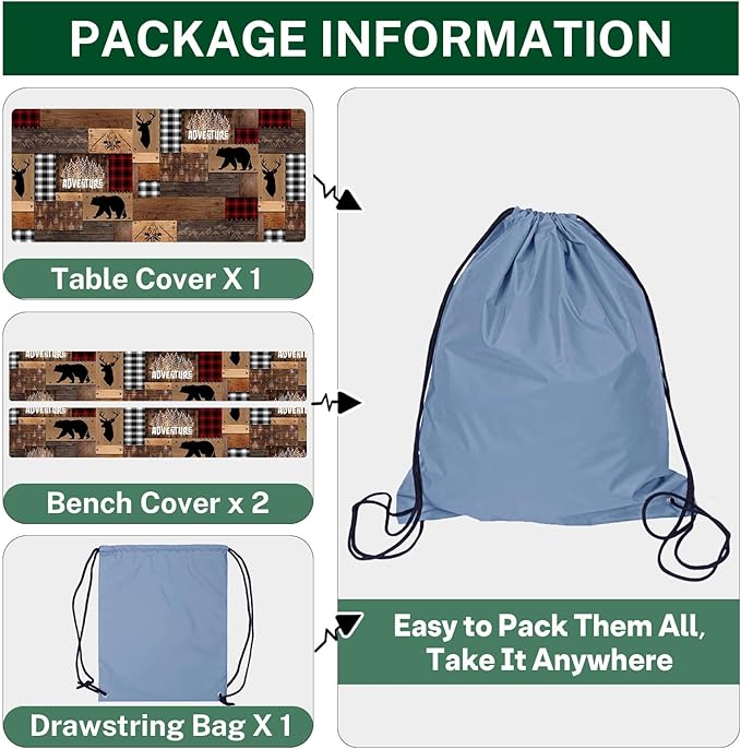 Picnic Table Cover with Bench Covers Elastic Edges, Retro Camper Fitted Table Cover, Outdoor Patio Camping Essentials 72 Inch 3PCS, Waterproof Camping Fitted Tablecloth with Drawstring Bag