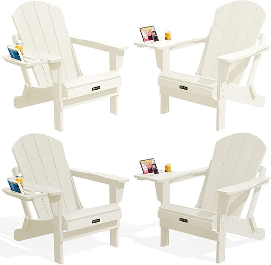SERWALL Folding Adirondack Chair Set of 4, Outdoor Adirondack Chairs with 4 in 1 Cup Holder, Wood Texture Patio Chairs, Weather Resistant Fire Pit Chairs for Patio Deck Garden, Backyard Deck - White