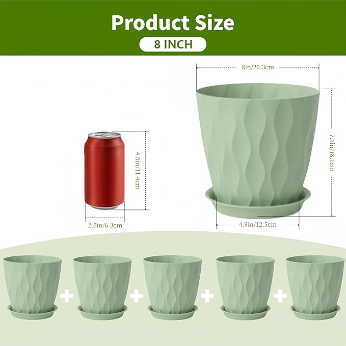 Plant Pots 8 Inch, 6 Pack Plastic Flower Pots for Indoor & Outdoor Plants, Planters with Drainage Holes and Saucer, Garden Pot for Plants (Green)