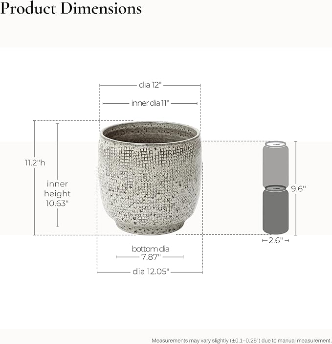 LuxenHome 12" Dia Large Ceramic Pots for Plants, Modern Gray Grid-Pattern Glazed Ceramic Planters Pots for Outdoor Plants with Drainage Hole and Plug, Round Indoor Flower Pot for Home Garden Patio