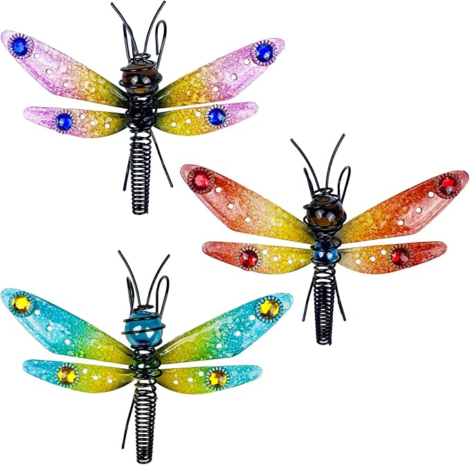 3-Piece Dragonfly Pot Decor - Iron and Glass Painted Hanging Dragonfly Ornament, Plant Pot Hanging Decoration, Outdoor Garden Decor