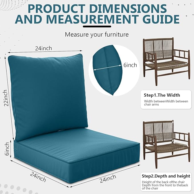 24" x 24" x 6" Outdoor Deep Seat Cushions - Waterproof & Fade Resistant Patio Furniture Replacement Cushions, Non-Slip Outdoor Cushions Fit Loveseats, Couches, Chairs, and Sofas