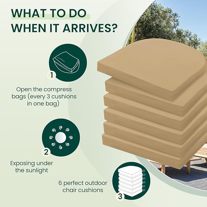 HARBOREST Outdoor Chair Cushions Set of 6, Water Resistant Patio Chair Cushions with Ties, Outdoor Seat Cushions for Patio Furniture, 17"x16"x2", Khaki