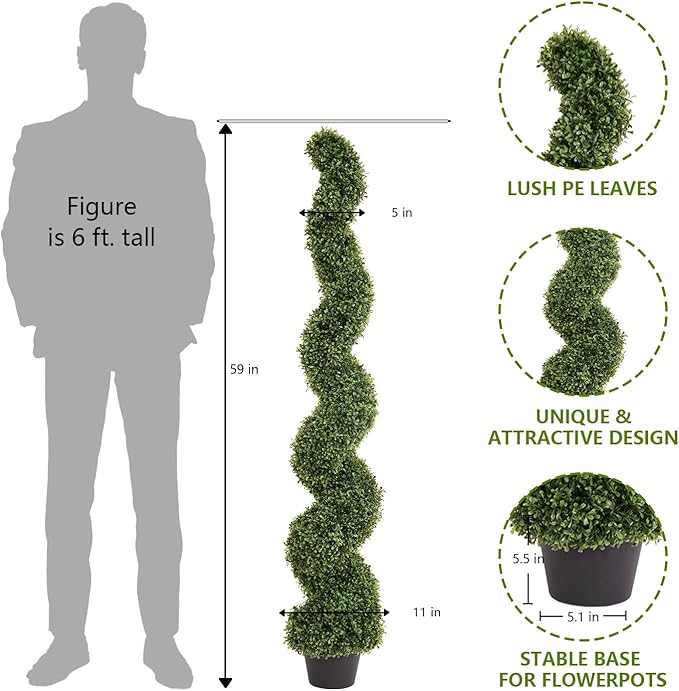 THE BLOOM TIMES 5ft Spiral Topiary Trees Artificial Outdoor Set of 2, Faux Boxwood Plants Outside - All-Year Green Fake Twisted Tree for Garden Front Porch Planter Decor 5 Foot