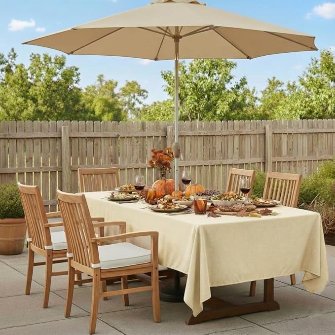 Outdoor Tablecloth Wrinkle-Free Stain Resistant Waterproof Polyester Fabric Table Cover with Zipper Umbrella Hole for Picnic/Party/Dinner/Patio Garden(60×84inch,Zippered,Nature)