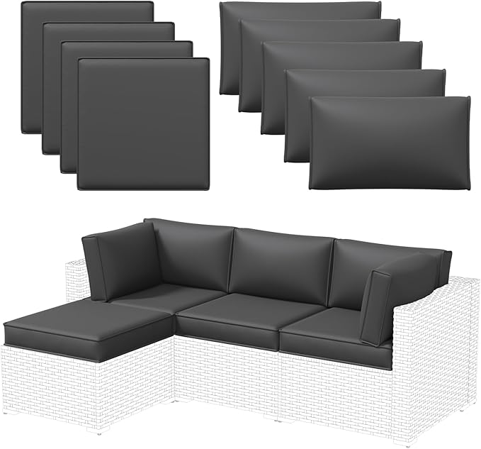 Aoxun Outdoor Replacement Cushions for Patio Furniture, 4'' Water-Repellent Sofa Cushion for 4-Seat Rattan Wicker Sectional, Deep Seats & Fade Resistant (9-Piece, Grey)