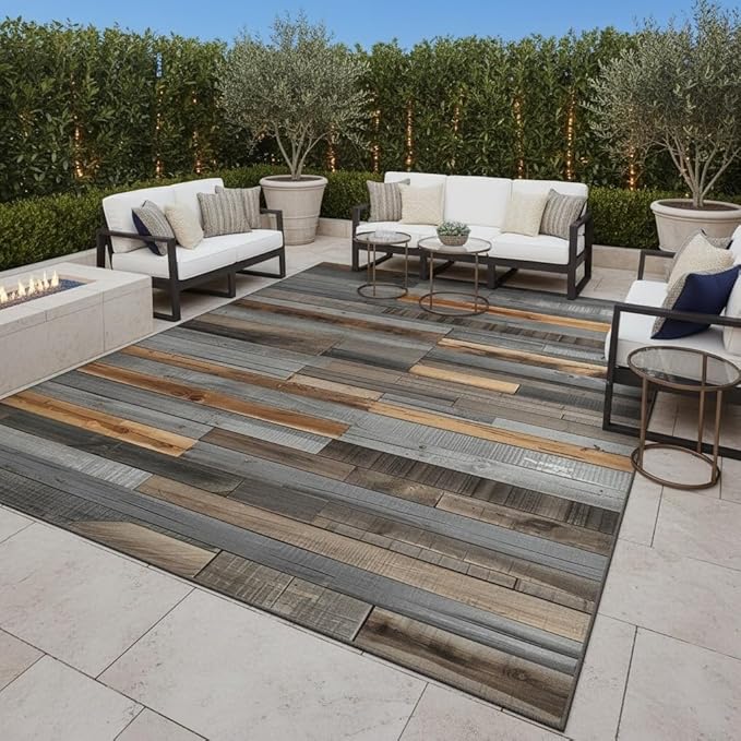 Gray Brown Old Wooden Outdoor Rug 7x10 Rustic Wood Grain Waterproof Outdoor Area Rug for Balcony Backyard Patio Deck Pool Modern Washable Stain Resistant Camping Picnic Outside Carpet Floor Mat
