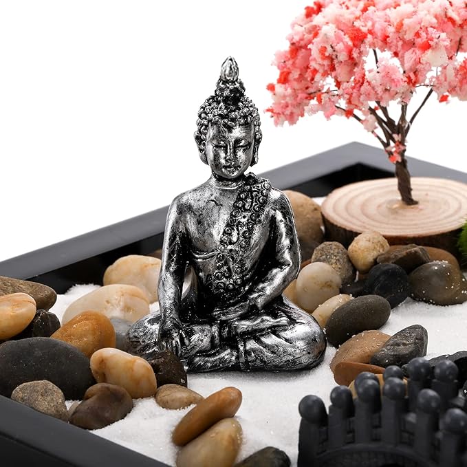Hiceeden Zen Garden Kit for Desk, 8.5×7.5 Inches Japanese Mini Zen Garden Accessories, Sand Tray Therapy Kit Meditation Gift for Home Office Desk Decor