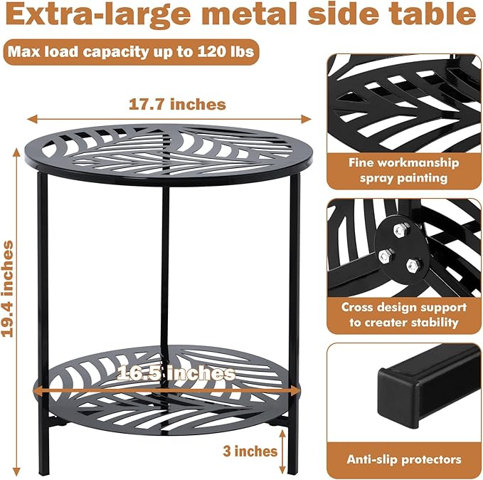 17.7" Two-tiered Metal Round Side Tables Extra-large Black Outside End Table for Patio Round Accent Garden Corner Stand for Small Spaces Weather-resistant Coffee Table for Balcony Porch Plant Stand
