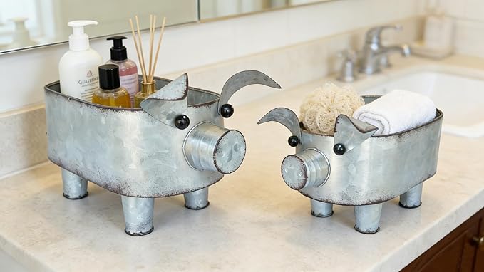 Galvanized Metal Pig Bowl Farmhouse Pig Storage Holder for Bathroom Kitchen Living Room Set of 2,Big and Small