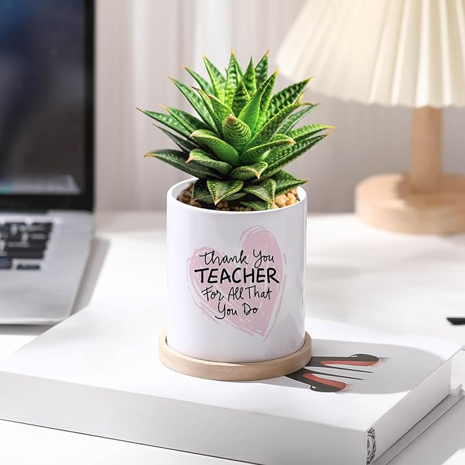 6 Pcs Sublimation Flower Pot Blanks Mini 3.2 in Garden Ceramic Succulent Planter Pot with Bamboo Tray with Drainage Hole Thank You Gifts for Employee Appreciation Plant Lover