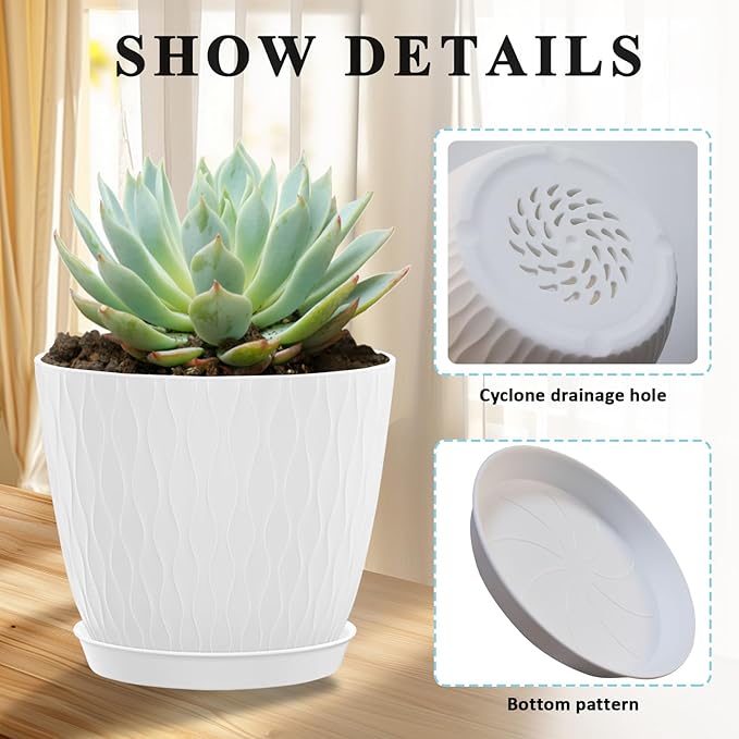 5 Pack 6 inch Planters for Outdoor Plants Indoor Plant Pots with Drainage Holes and Saucers, Modern Plastic Flower Pots for Plants Succulent Holiday Office House Home Decor Garden Pots White