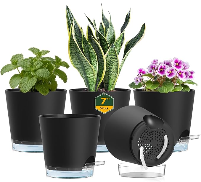 7 inch Self Watering Pots for Indoor Plants, 5 Pack Plant Pots with Drainage Holes & Clear Reservoir for Visible Water Level, Plastic Wicking Planter Pots for House Plants and Flower, Black