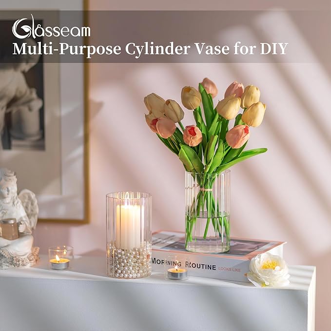 Glasseam Glass Cylinder Vases for Centerpieces: 12pcs Clear Ribbed Flower Vase for Pillar Candle - 6 Inch Modern Hurricane Floating Candle Holder for Wedding Table Centerpieces Living Room Home Decor