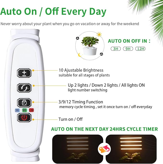 LED Plant Growing lamp, 3500K Full Spectrum Grow Light Strips for Indoor Plants with 3/9/12H Timer & 10 Dimmable Levels, Led Growth Light for Green House Hydroponics Succulent 13In 4Head