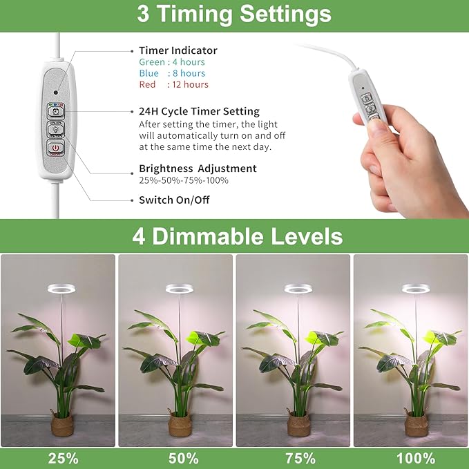 LBW Grow Lights for Indoor Plants, 144 LEDs Full Spectrum Plant Light, Large Plant Lamp with 4 Dimmable Levels, 4/8/12H Auto Timer, Height Adjustable, Halo Growing Lamp for Tall Plants, 2 Pack