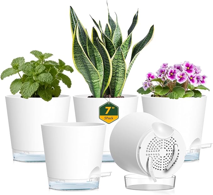 7 inch Self Watering Pots for Indoor Plants, 5 Pack Plant Pots with Drainage Holes & Clear Reservoir for Visible Water Level, Plastic Wicking Planter Pots for House Plants and Flower, White