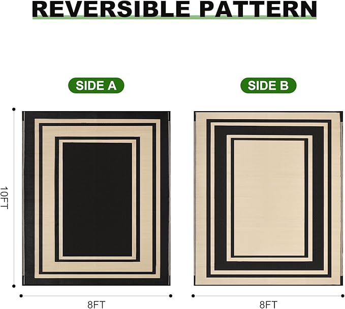 RURALITY Outdoor Rugs 8x10 Waterproof for Patios Clearance,Plastic Straw Mats for Backyard,Porch,Deck,Balcony,Reversible,Black and Beige