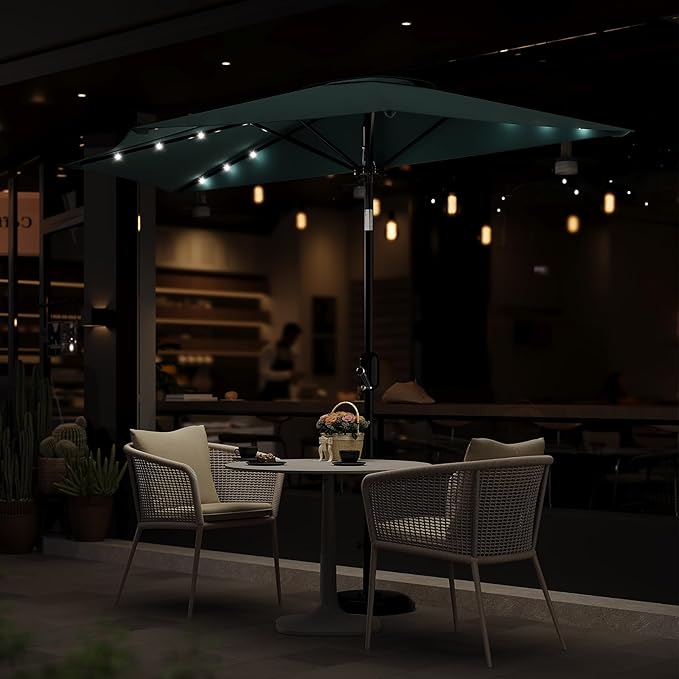 Garvee Patio Umbrella 9FT - Half Umbrella Outdoor with Solar LED Lights and Smooth Crank Lift, Outdoor Shade Canopy for Patio, Backyard, Garden, Deck, Balcony -Turquoise