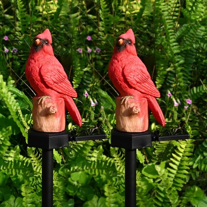 Red Cardinal Figurine Solar Light 2 Pack Garden Decor Outdoor Stake Patio Yard Art Lawn Dad Grave Decorations for Cemetery Mother Day Memorial for Mom Gravesite