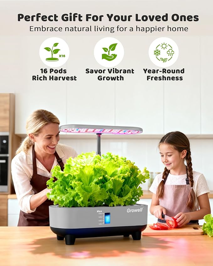 Hydroponics Growing System Kit, 16 Pods, Vertical 8L Indoor Gardening System for Herb Vegetable Fruit, with LED Grow Light, Smart Water Circulation, 3 Light Modes & 2 Timer, Gray