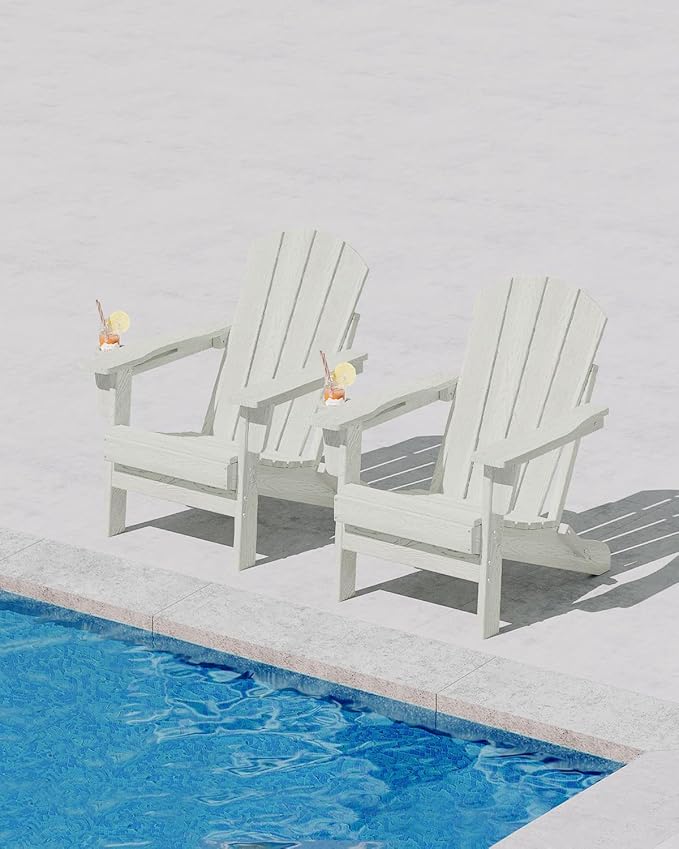 Folding Adirondack Chair Set of 2, All-Weather HDPE Outdoor Chair, Wooden Textured with Cup Holder for patios, Decks, Gardens, fire pits, White