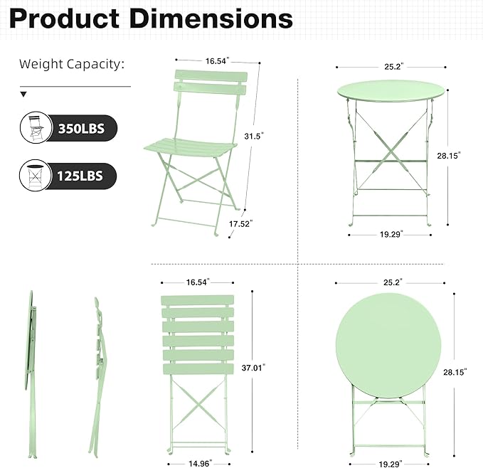 3 Piece Bistro Set, Folding Patio Furniture Set, Outdoor Table and Chairs Set for Patio, Garden, Balcony and Poolside, Green