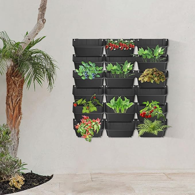 18 Hanging Vertical Wall Planter, Outdoor/Indoor Vertical Garden Planter with Automatic Drip Mechanism and Buckle Fixation Pot Balcony Plant Vegetable Fruit Herb Hanging Pocket (Black)