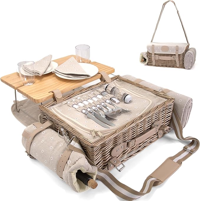 Multifunctional Wicker Picnic Basket Set for 2 with Blanket and Picnic Table, Insulated Picnic Set with Full Tablewares for Camping Outdoor Couples, Flowers