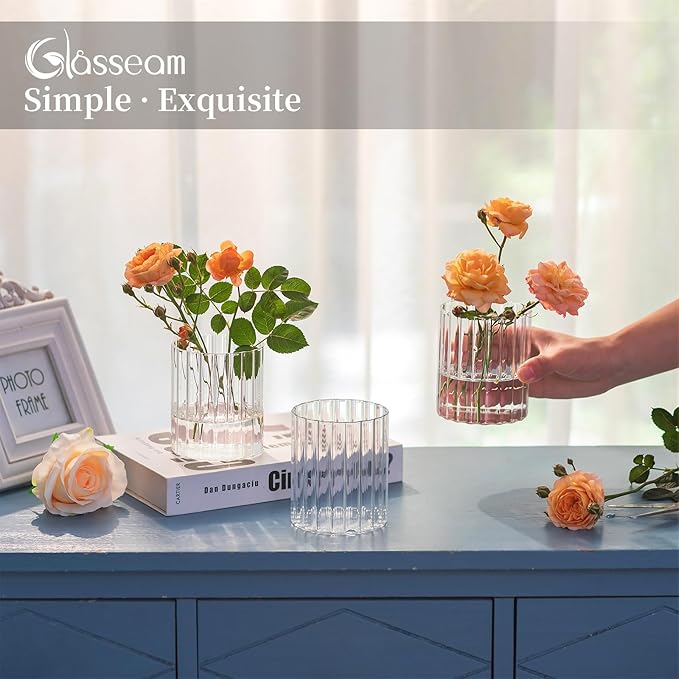 Glasseam Glass Cylinder Vases for Centerpieces: 12pcs Clear Ribbed Flower Vases for Pillar Candle - 4 Inch Modern Hurricane Floating Candle Holder for Wedding Table Centerpieces Living Room Home Decor
