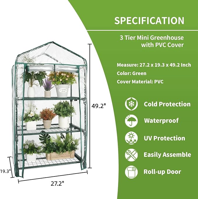 Mini Greenhouse for Indoor Outdoor, Small Plants Green House with 3 Tier Shelves, Portable Plastic Greenhouses with Transparent PVC Cover for Garden Backyard Patio Balcony Porch