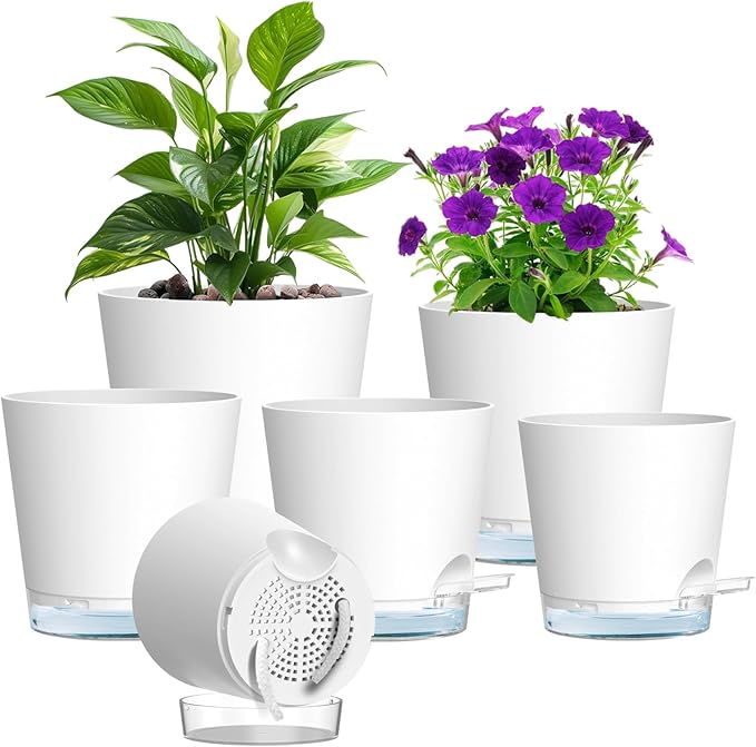 Self Watering Pots Pack of 6 – Different Size 4" to 7" Indoor Plant Pots with Drainage Holes and Clear Reservoir for Visible Water Level, Plastic Wicking Planters for House Plants, White