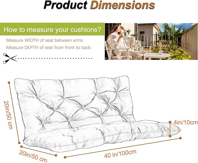 2-3 Seat Swing Replacement Cushion, Outdoor Bench Cushions with Backrest Thicken 4", Patio Furniture Garden Porch Loveseat Glider Pad Anti-Fading Waterproof (Grass Green, 40x40in)
