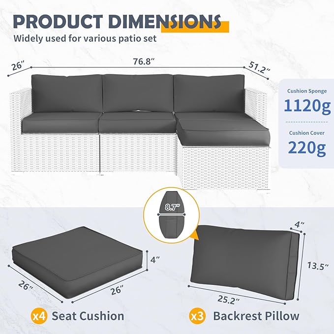 Amopatio Outdoor Patio Sofa Replacement Cushion Set – Waterproof Thick Seat Cushions，Machine-Washable Covers (Dark Grey)