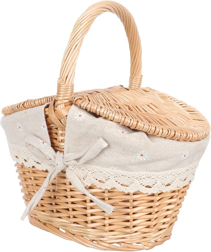 Sosoport Woven Rattan Picnic Basket with Lid and Handle, 1pcs Tote Storage Basket for Fruit and Vegetable Holder, Rustic Outdoor Picnic Accessory for Home and Garden