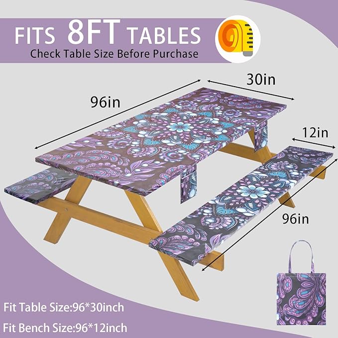 Fitted Waterproof Picnic Table Cover with Bench Covers Elastic Reusable Camping Table Cloths for 8Ft Rectangle Tables Summer Camp Motorhome Party Gear Outdoors Car Travel Trailer Gadgets Gift