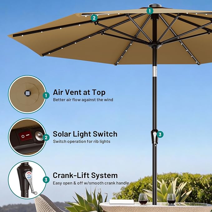 AreShark 9FT Patio Umbrella with Solar Lights, 32 LED Lighted Pool Umbrella w/Tilt and Crank, Outdoor Market Solar Umbrellas for Garden, Deck, Backyard, Pool and Beach, Khaki