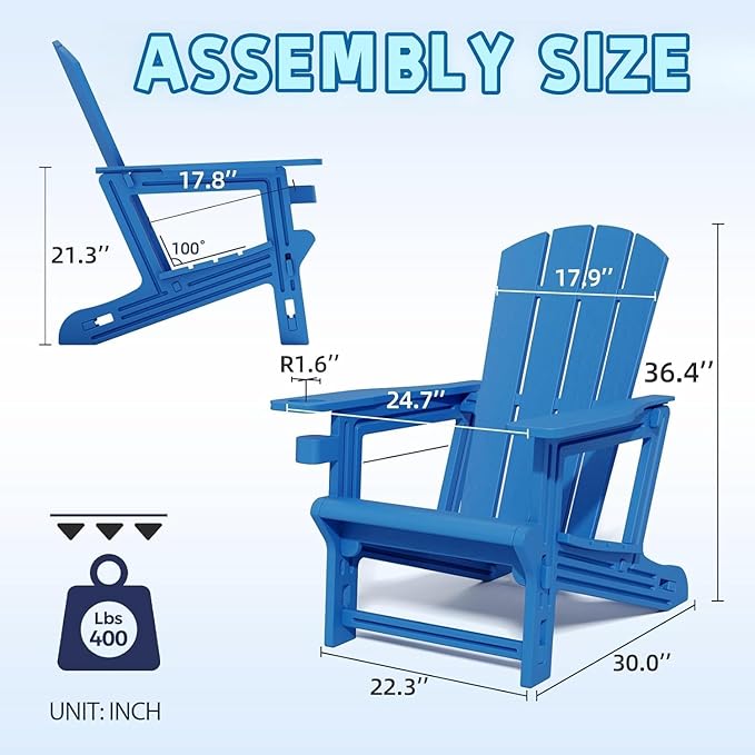 Adirondack Chair Set of 2, All Weather Plastic Adirondack Chairs, Fire Pit Chairs with Cup Holder, Outdoor Lawn Chair for Patio, Garden, Backyard, Klein Blue