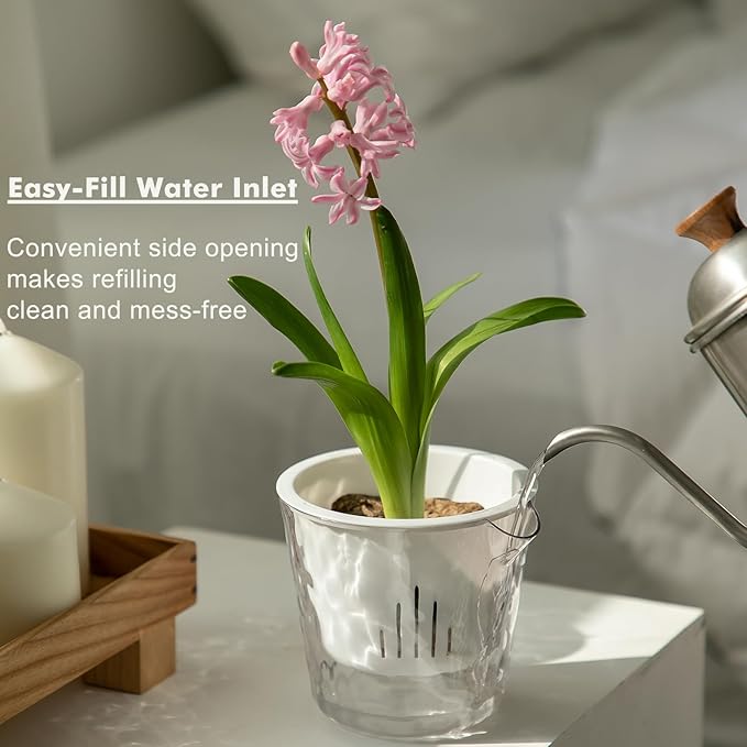 8.5 Inch Self Watering Plant Pots for Indoor Plants 4 Packs African Violet Pot, Self Watering Planters for Herb, Orchid, Devil's Ivy, Flower Houseplant Planters, Clear Plant Pots, White